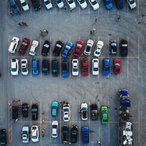 Empty parking spaces in a paved lot with a green hedge in the background.