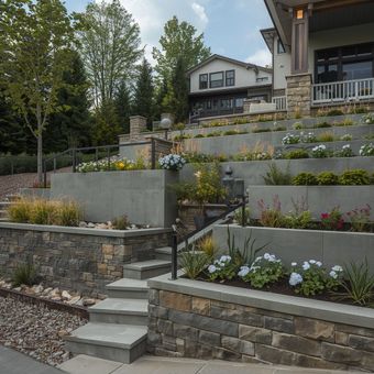 Construction site with bridge under construction. Rebar, wooden forms, workers, and concrete in a hilly setting.