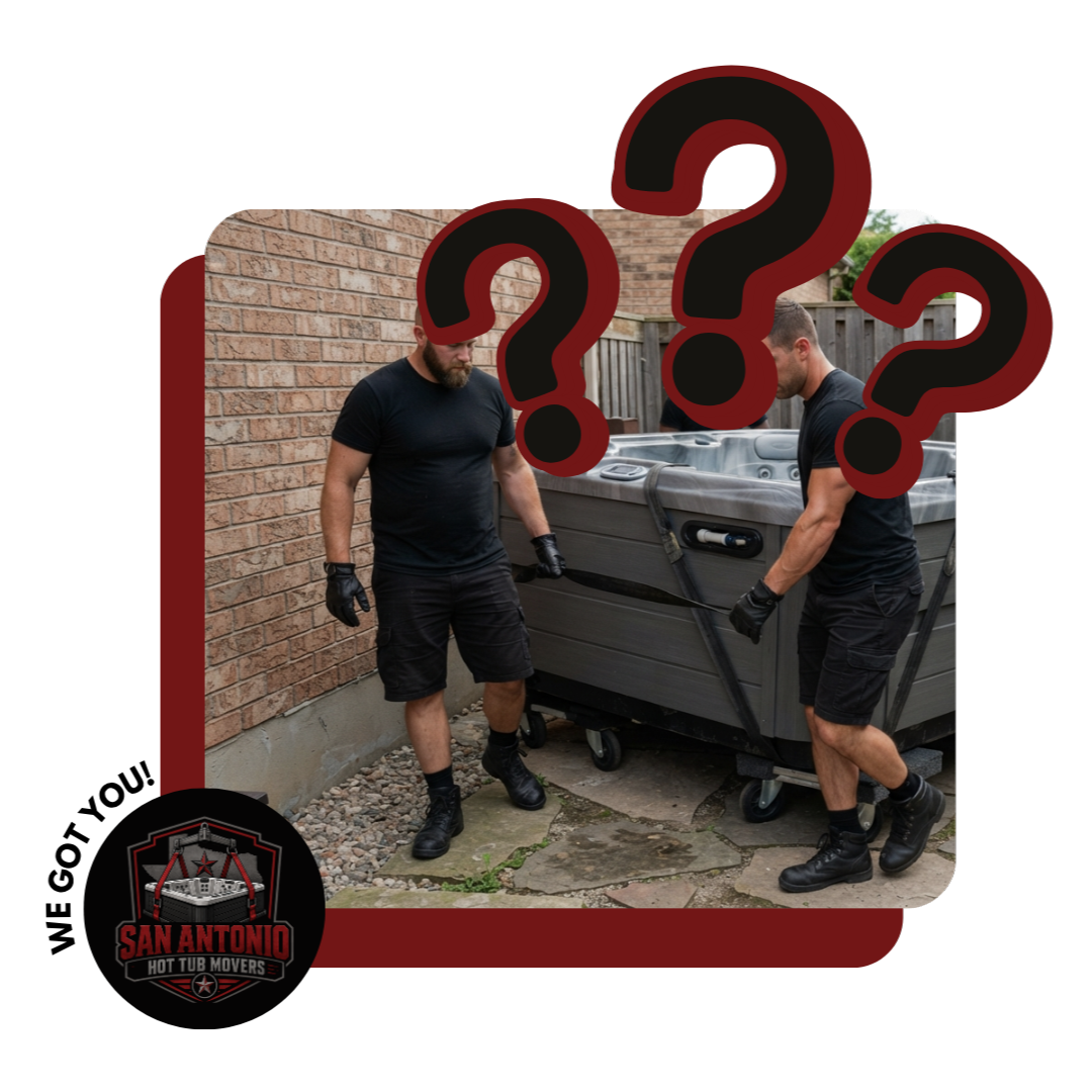 Backyard hot tub movers using lifting straps for heavy spa