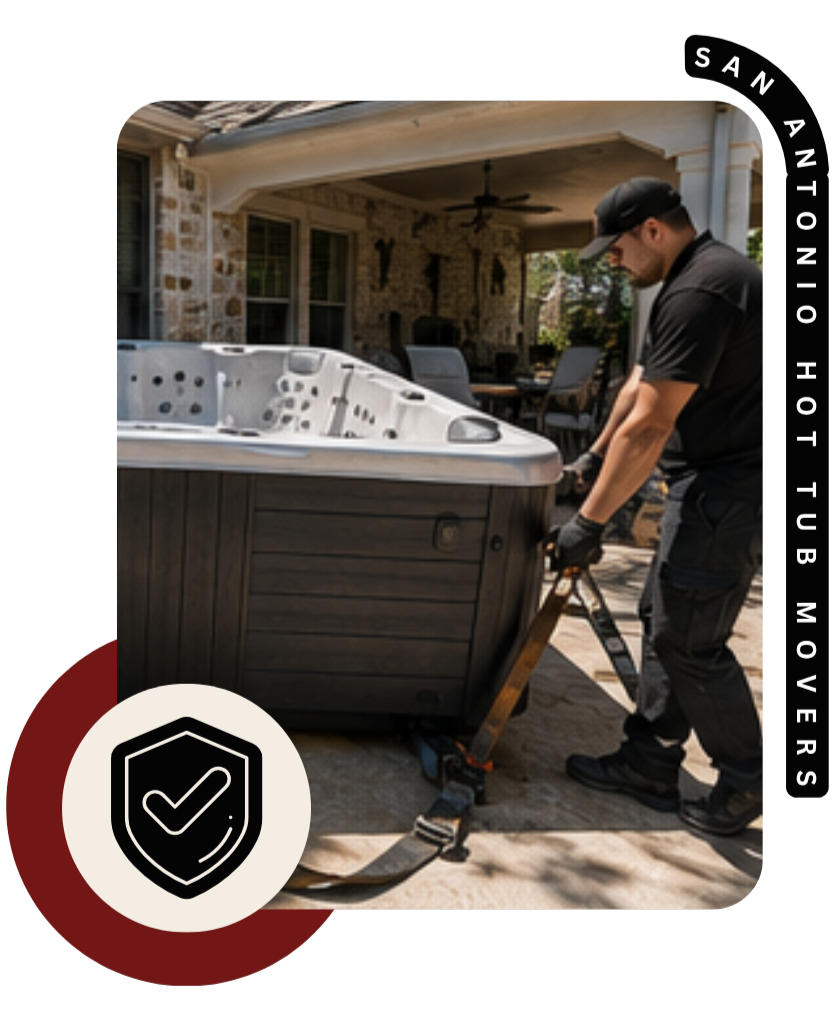 Crew securing hot tub for transport in residential property