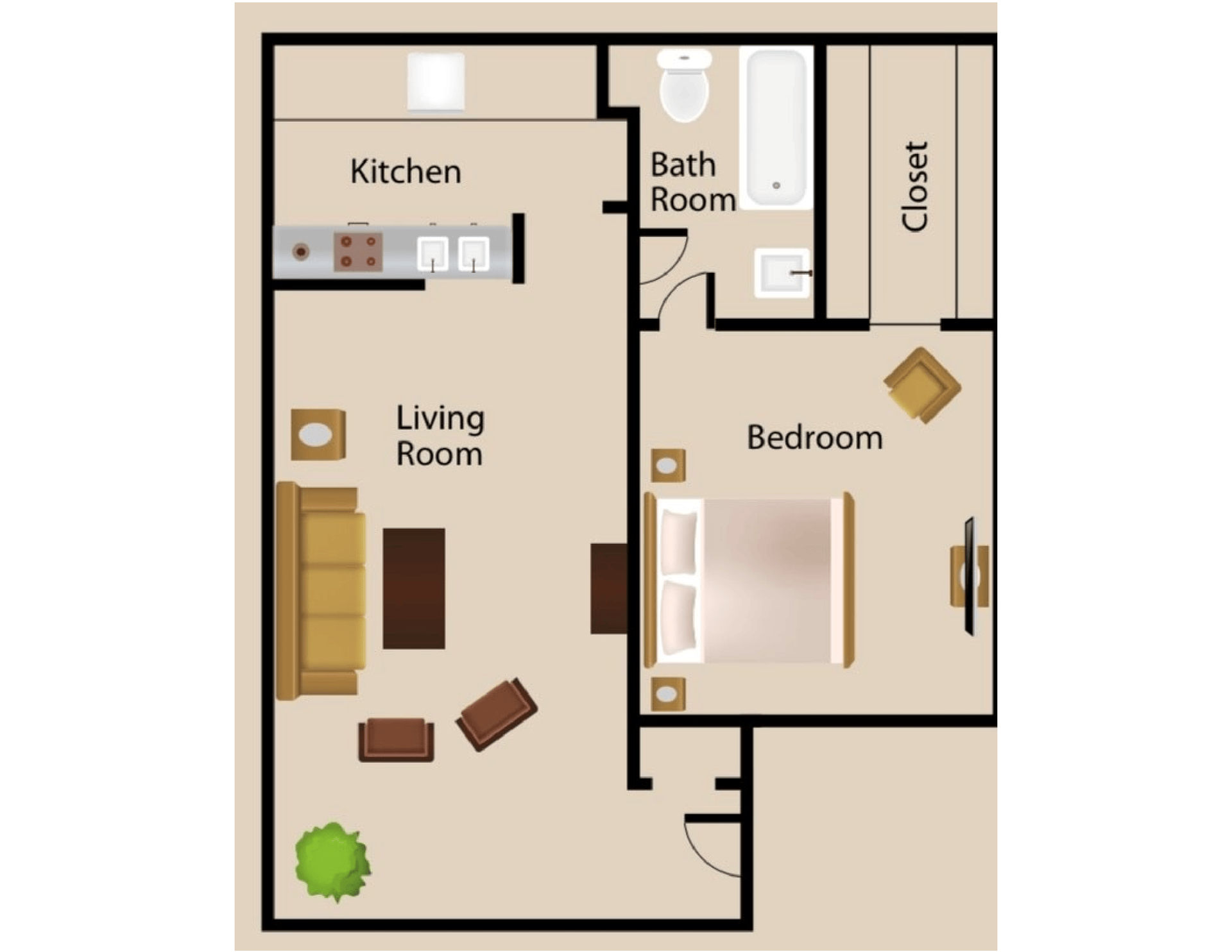 A floor plan of a house with a bedroom , living room , kitchen and bathroom.