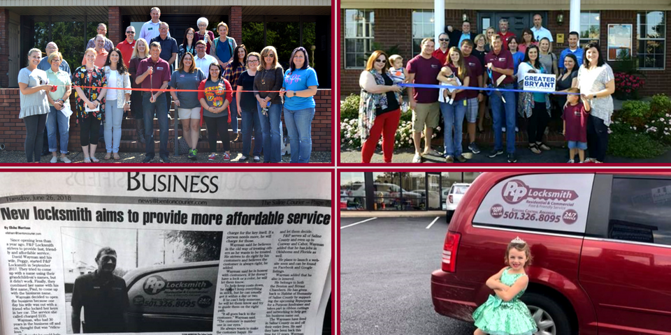 A collage of a ribbon-cutting ceremony, a newspaper business article, and a young person posing by a red company van.