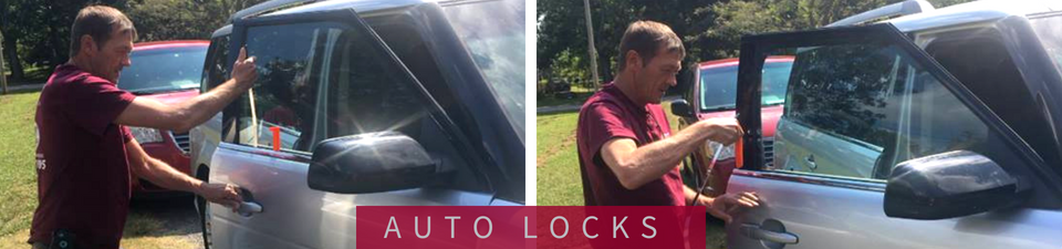 A person in a maroon shirt unlocking a car door, presented as a split-screen instructional image for auto lock services.
