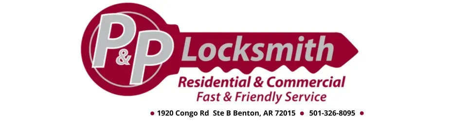 Logo for P&P Locksmith, featuring the company name in a maroon key shape with their services, address, and phone number.