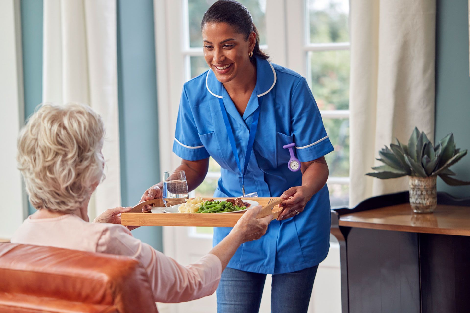 Nurse in blue uniform serving a meal on a tray to an elderly woman seated in a living room.
