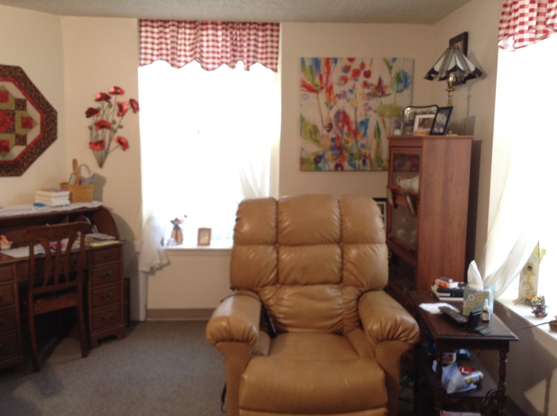 Cozy living room with tan recliner, artwork, desk, and small bookcase next to a window with red and white valance.