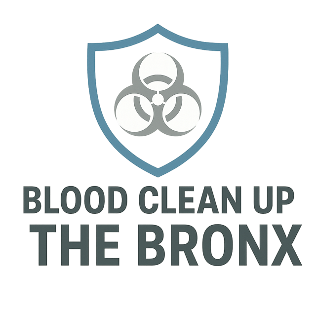 Logo for Blood Clean Up The Bronx: Shield with biohazard symbol.
