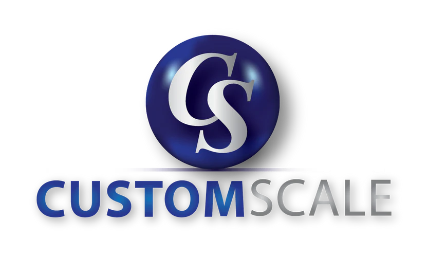 Logo for Custom Scale: Blue sphere with white