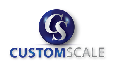 Logo for Custom Scale: a blue sphere with white