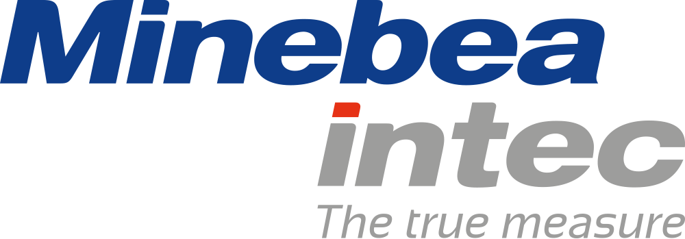 Minebea Intec logo: Blue "Minebea" above gray "intec" with red dot, tagline "The true measure".