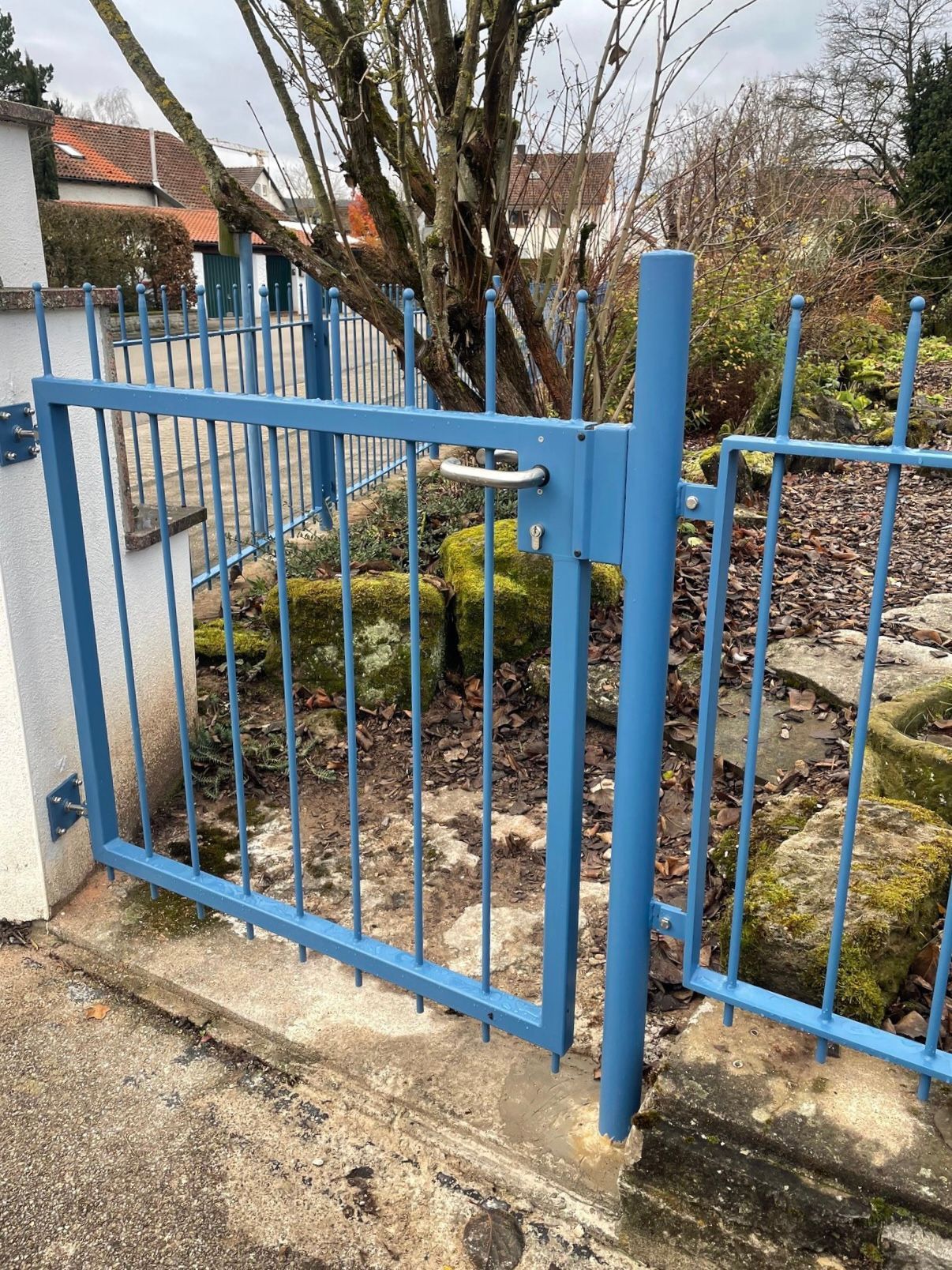 Ein blaues Metalltor ist von Felsen und einem Baum umgeben.