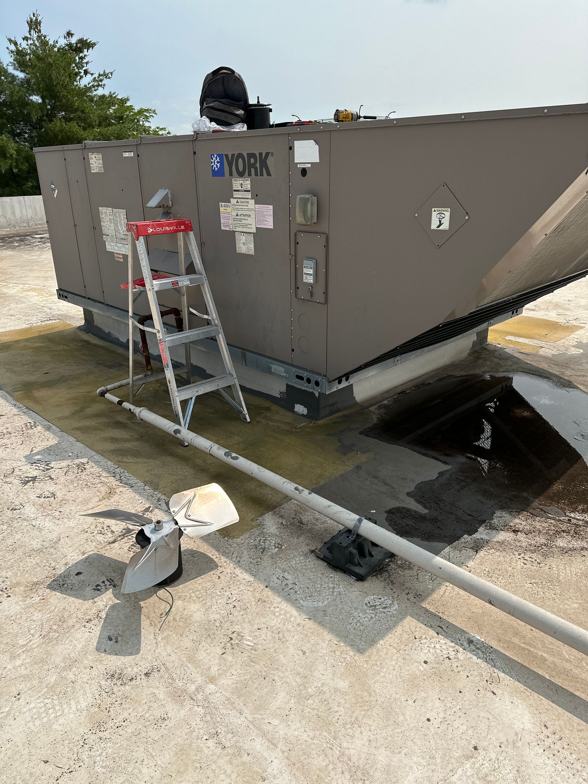 A roof-mounted York HVAC unit with a ladder and piping. The unit is on a flat rooftop.