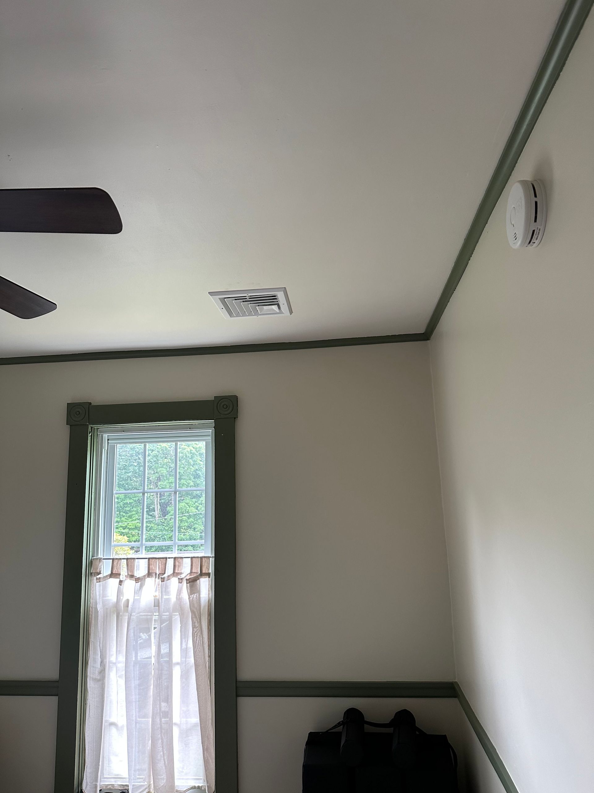 A room with a window, ceiling fan, and smoke detector. Green trim accents the window and ceiling.