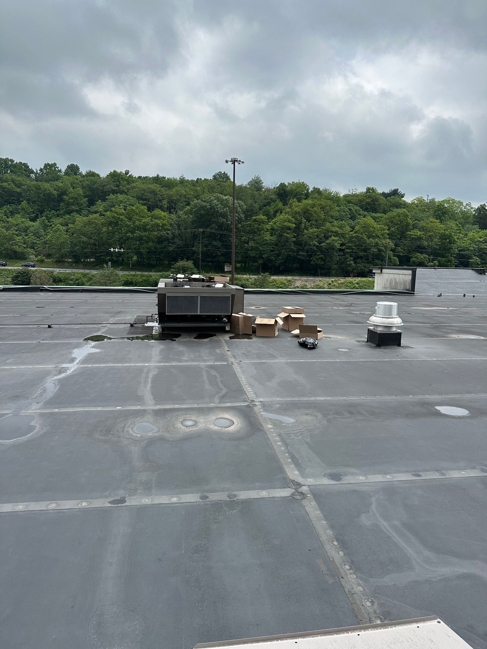 Rooftop with equipment, boxes, and antenna; trees in the background under an overcast sky.
