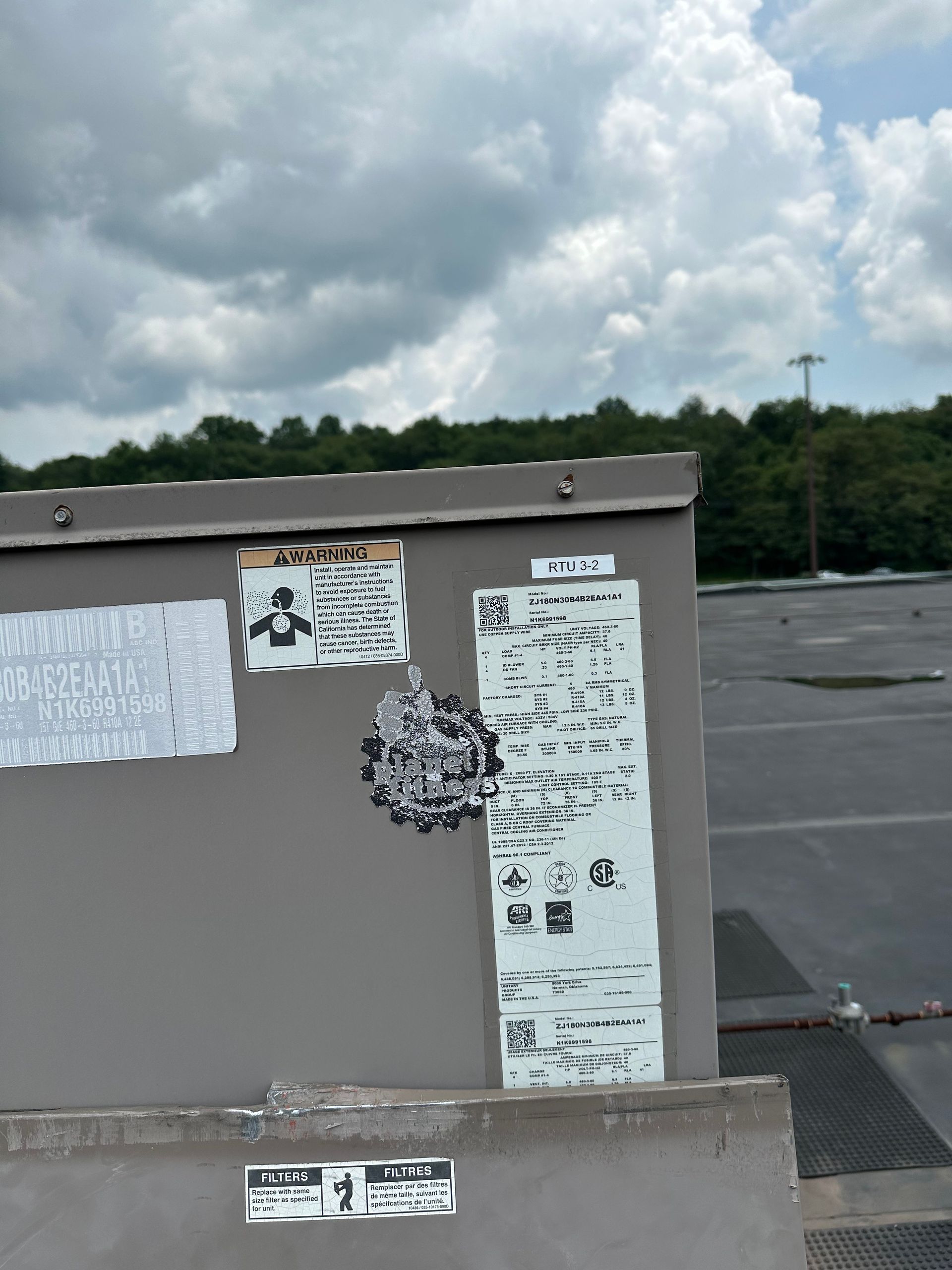Gray utility box with various torn paper notices and dark cloudy sky.