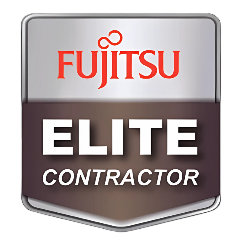 Fujitsu Elite Contractor badge in silver and brown, with Fujitsu logo and text.