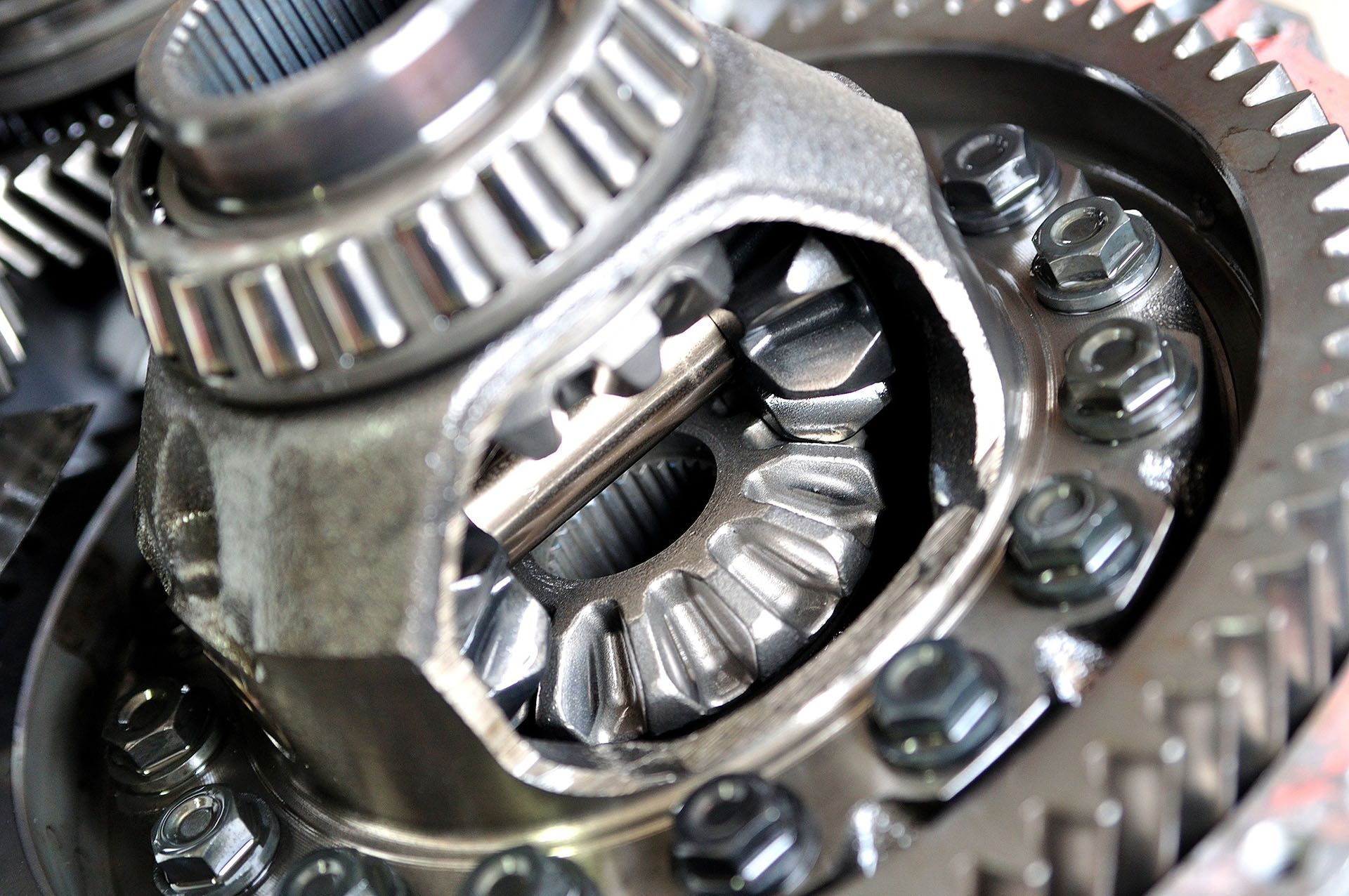 Close-up of a differential gear assembly showing internal gears and bearings, in a car.