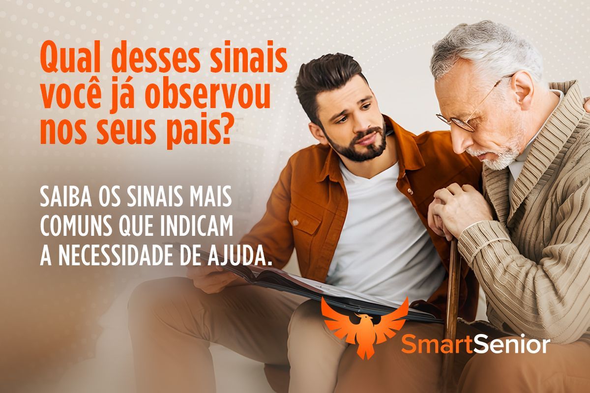 Homem ajudando idoso com bengala. Texto: