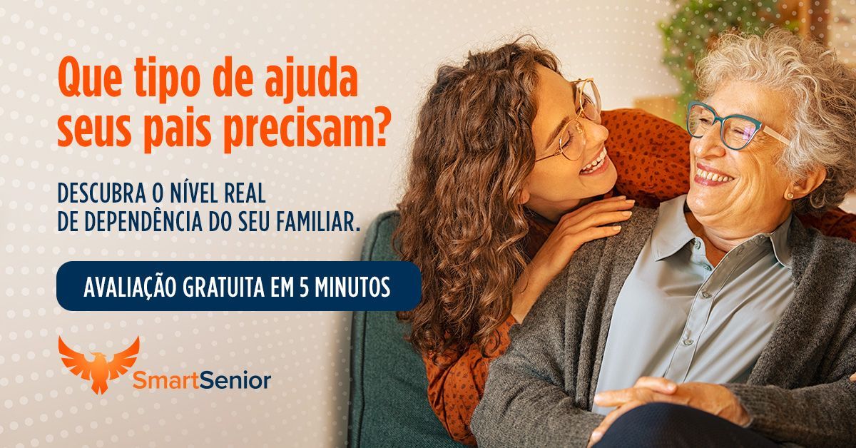 Clique aqui e acesse o teste agora. A young woman and an elderly woman smile and embrace. Text promotes a free 5-minute assessment for elder care.