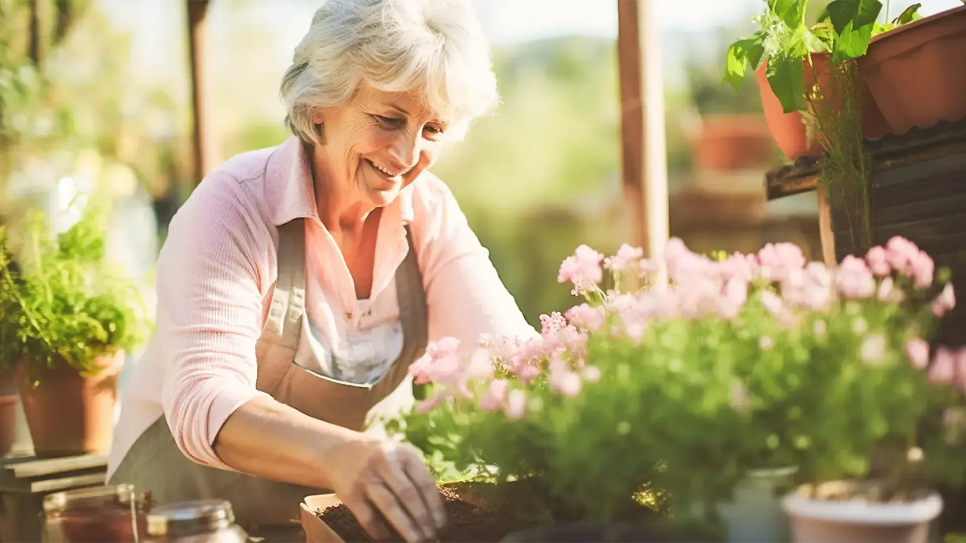 Mulher idosa sorri enquanto cuida do jardim; a luz do sol ilumina as plantas e seu rosto.