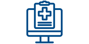 Ícone azul de um monitor de computador com uma ficha médica na tela.