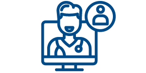 Ícone em azul de um médico em uma tela de computador realizando uma consulta virtual com um paciente.