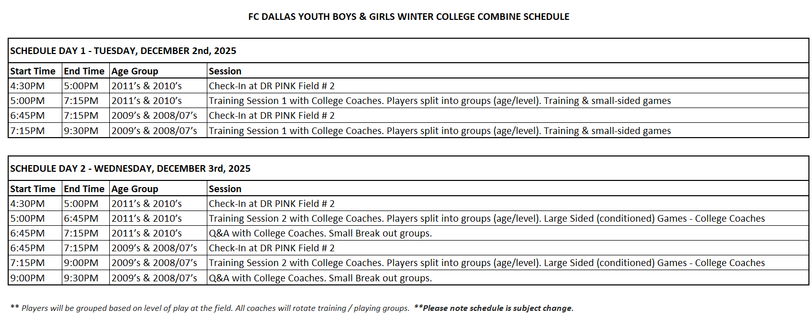 Schedule for FC Dallas Winter Combine Camp