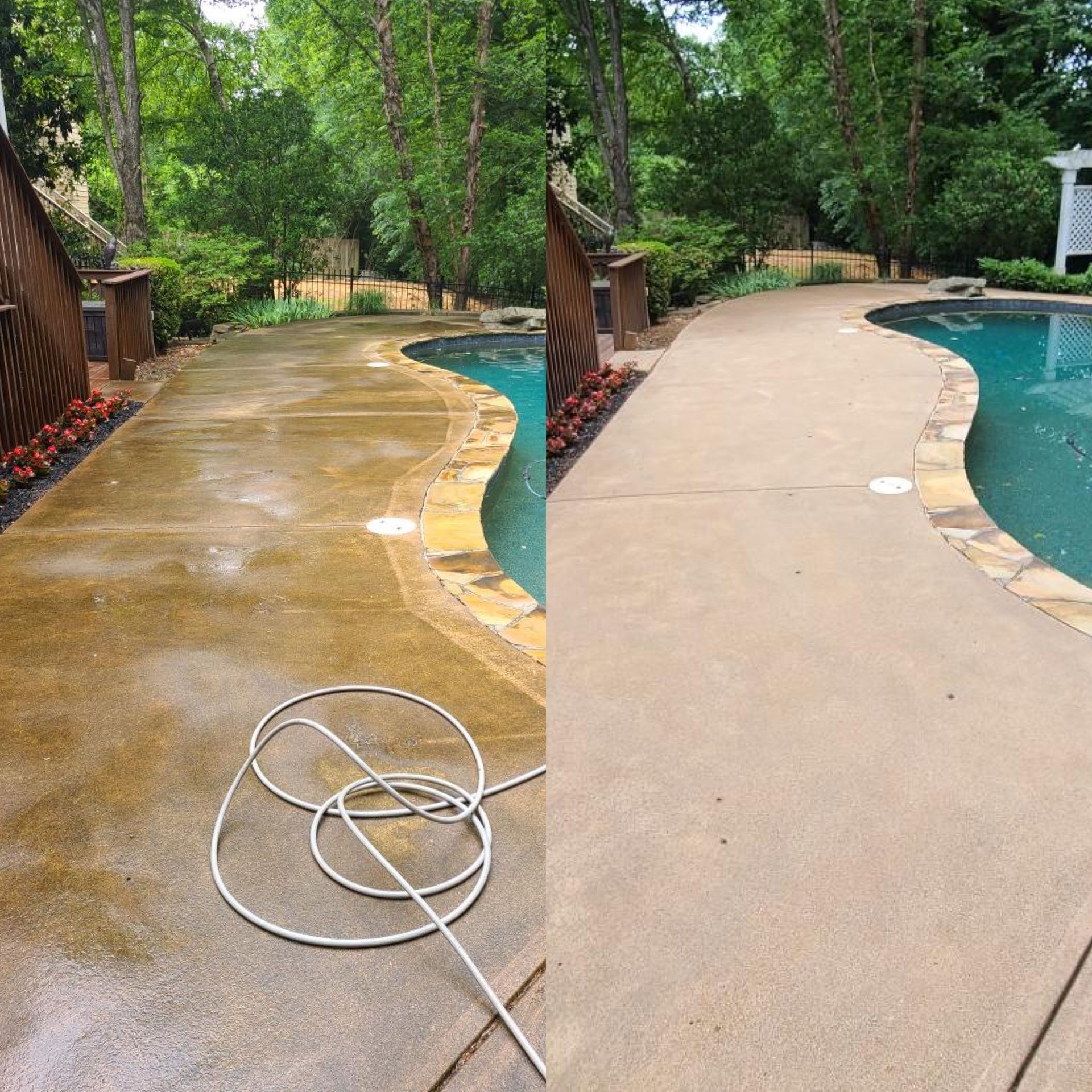 Split-screen view showing a dirty concrete pool deck before and after professional pressure washing.