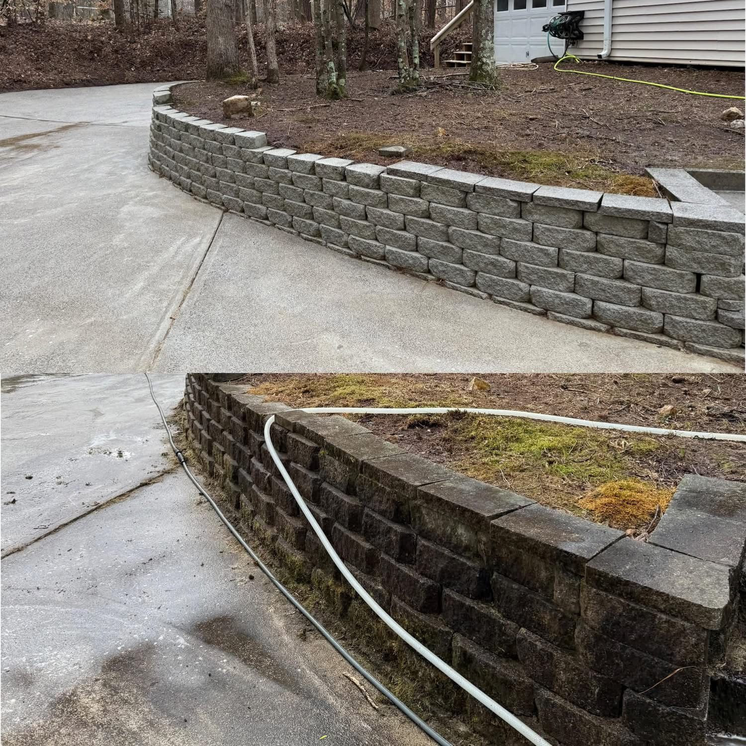 A two-part image showing a gray, curved concrete block retaining wall along a driveway that has been pressure washed.