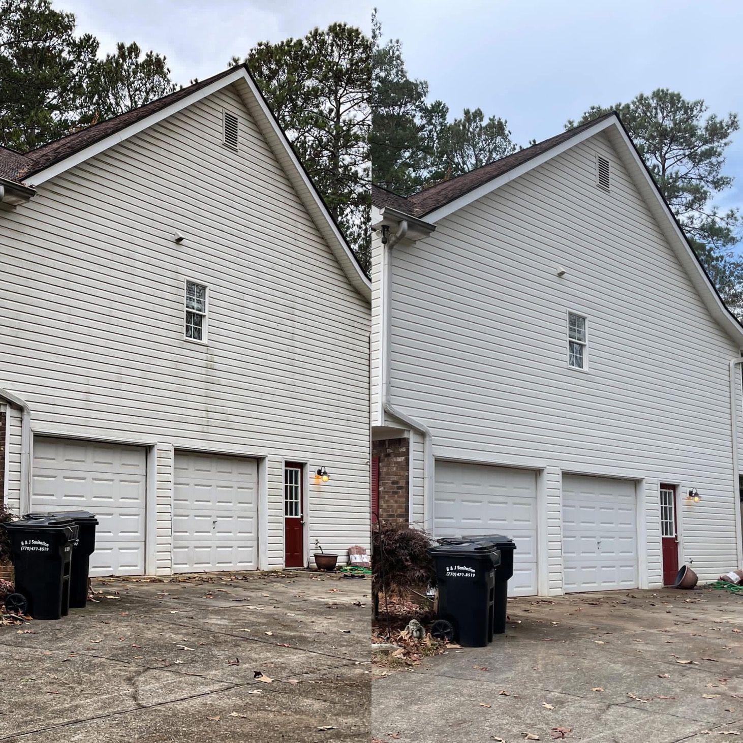 Before and after photos of a white house exterior, showing successful power washing of dirt and grime from the siding.