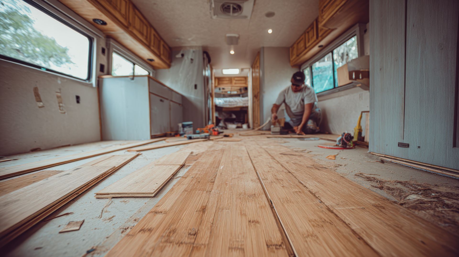 A person installs bamboo plank flooring inside a trailer renovation project.