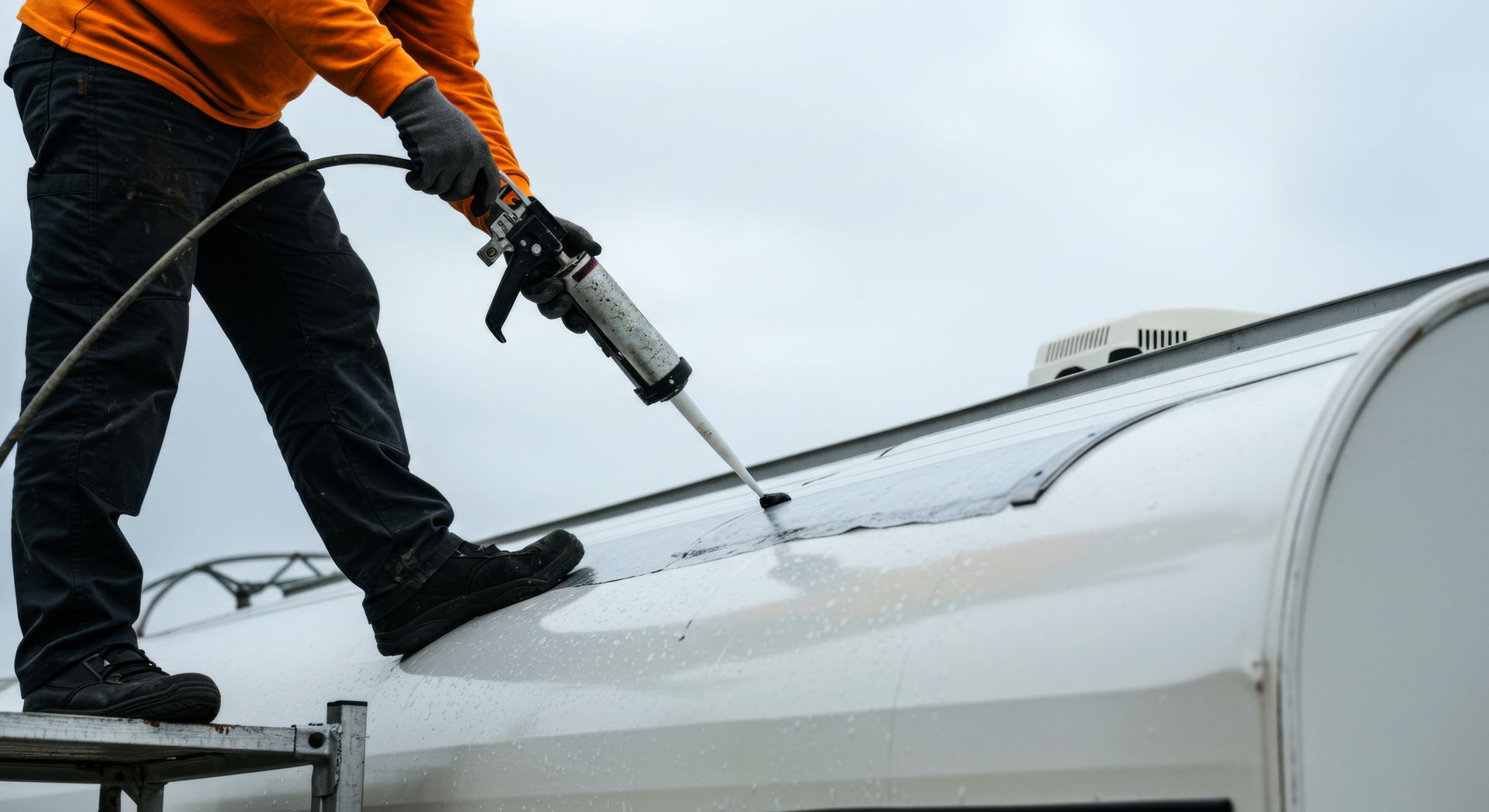 A person in work clothes uses a caulking gun to apply sealant along the edge of a white vehicle roof.