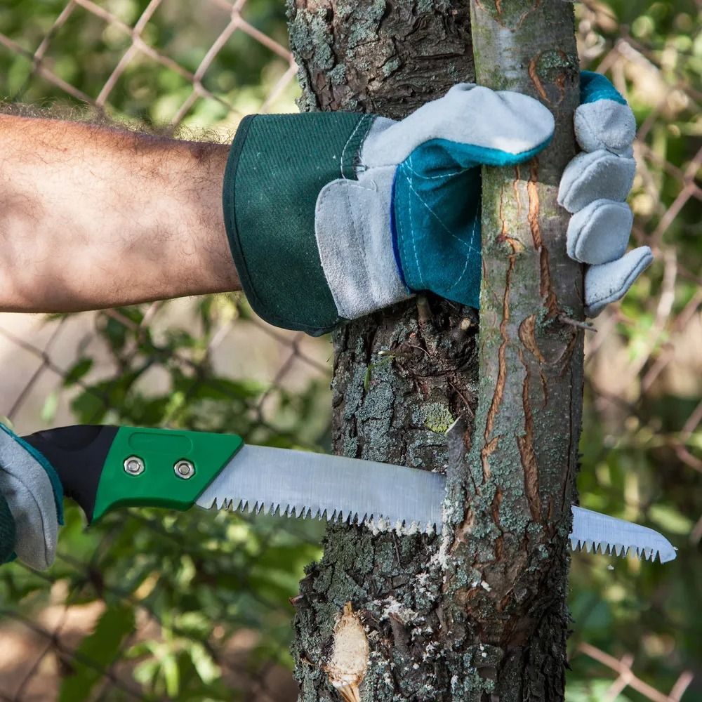 A person wearing work gloves uses a green-handled handsaw to cut a branch from a tree.