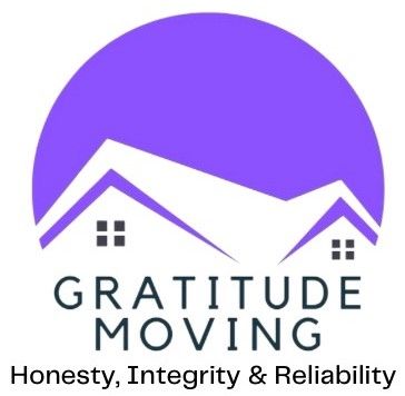 The logo for gratitude moving is purple and white and says honesty , integrity and reliability.