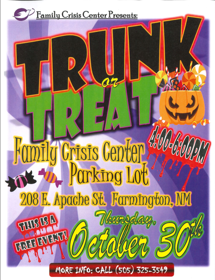 Trunk or Treat flyer with time 4–6 PM at 208 E. Apache St.