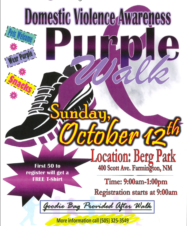 Purple walk flyer. at Berg Park, Oct 12, 9 AM–1 PM—free T-shirt for first 50!