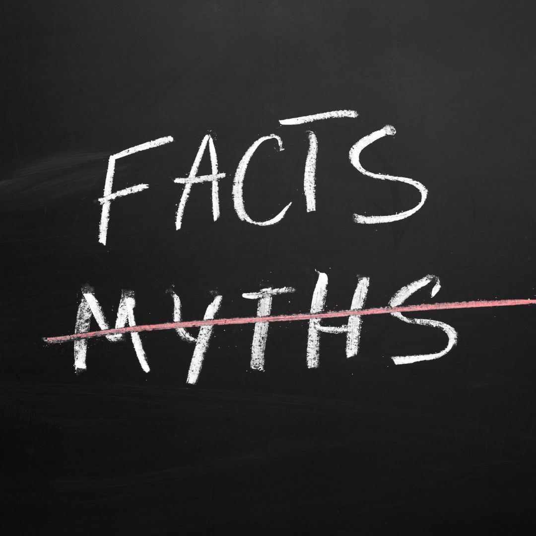 Chalk words “FACTS” above crossed-out “MYTHS” on a blackboard background.