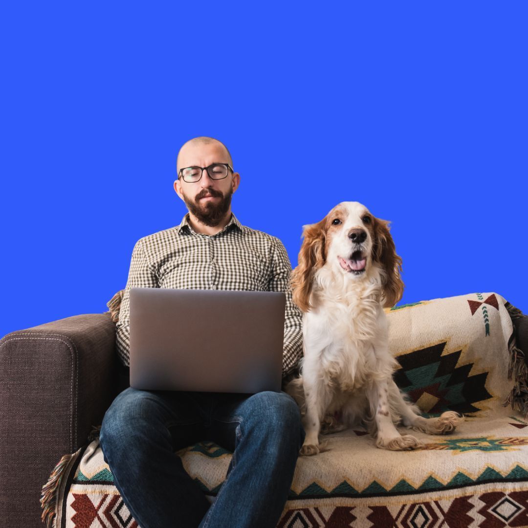 A person sitting on a sofa using a laptop with a dog sitting beside them against a blue background.
