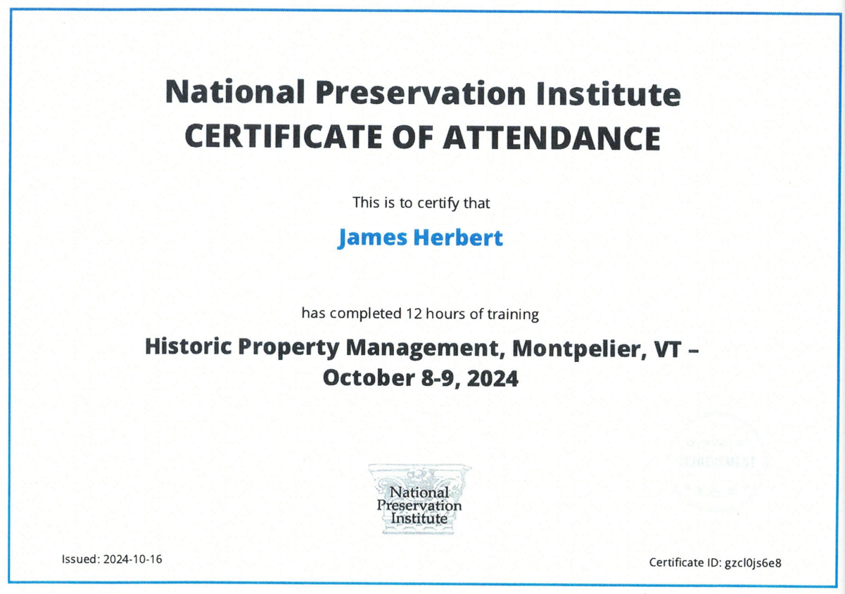 Historical Building Restoration Services: A certificate of attendance from the national preservation institute