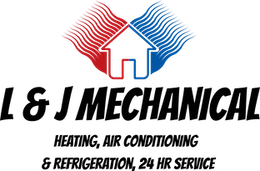 Logo for L & J Mechanical: A house silhouette with red and blue wavy lines, and text "Heating, Air Conditioning & Refrigeration, 24 Hr Service".