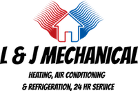 Logo for L & J Mechanical: A house silhouette with red and blue wavy lines, and text "Heating, Air Conditioning & Refrigeration, 24 Hr Service".
