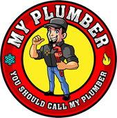 Cartoon plumber holding wrench, thumbs up, in front of a yellow circle, red border, 