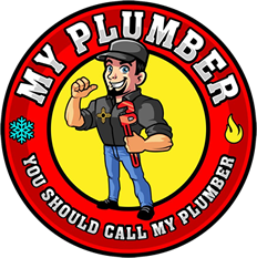 Cartoon plumber holding wrench, thumbs up, in front of a yellow circle, red border, 
