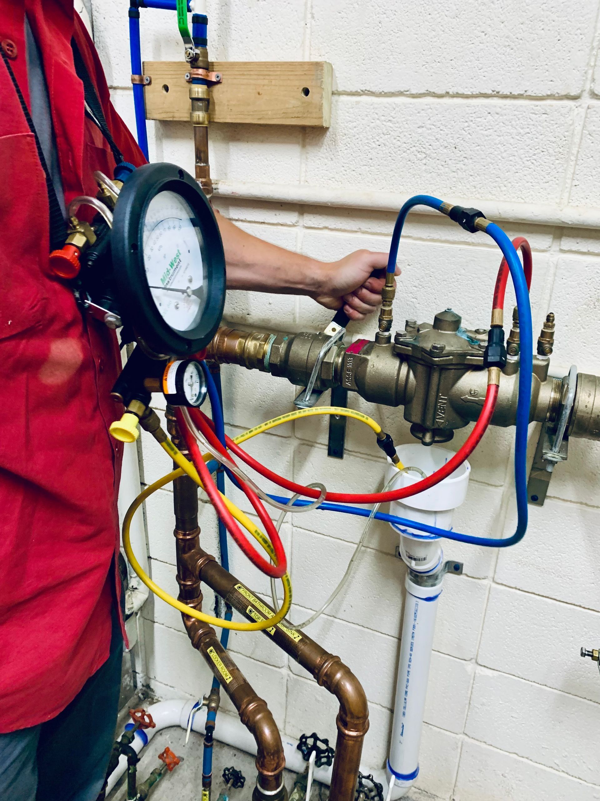 Blue and green water pipes with red valves, sitting on a concrete base in a mulch bed.