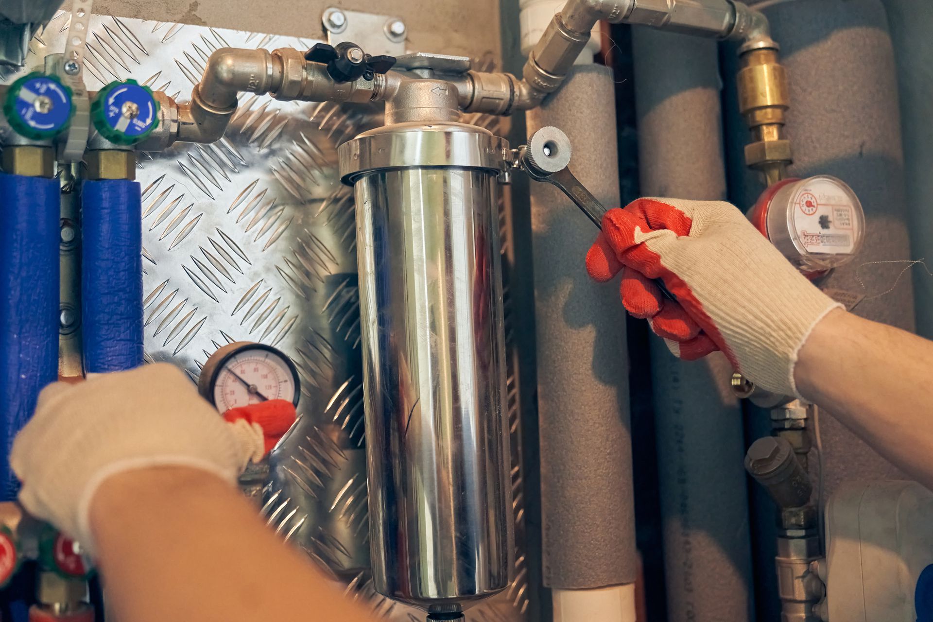 A person in gloves uses a wrench to work on a water filtration system with gauges and pipes.