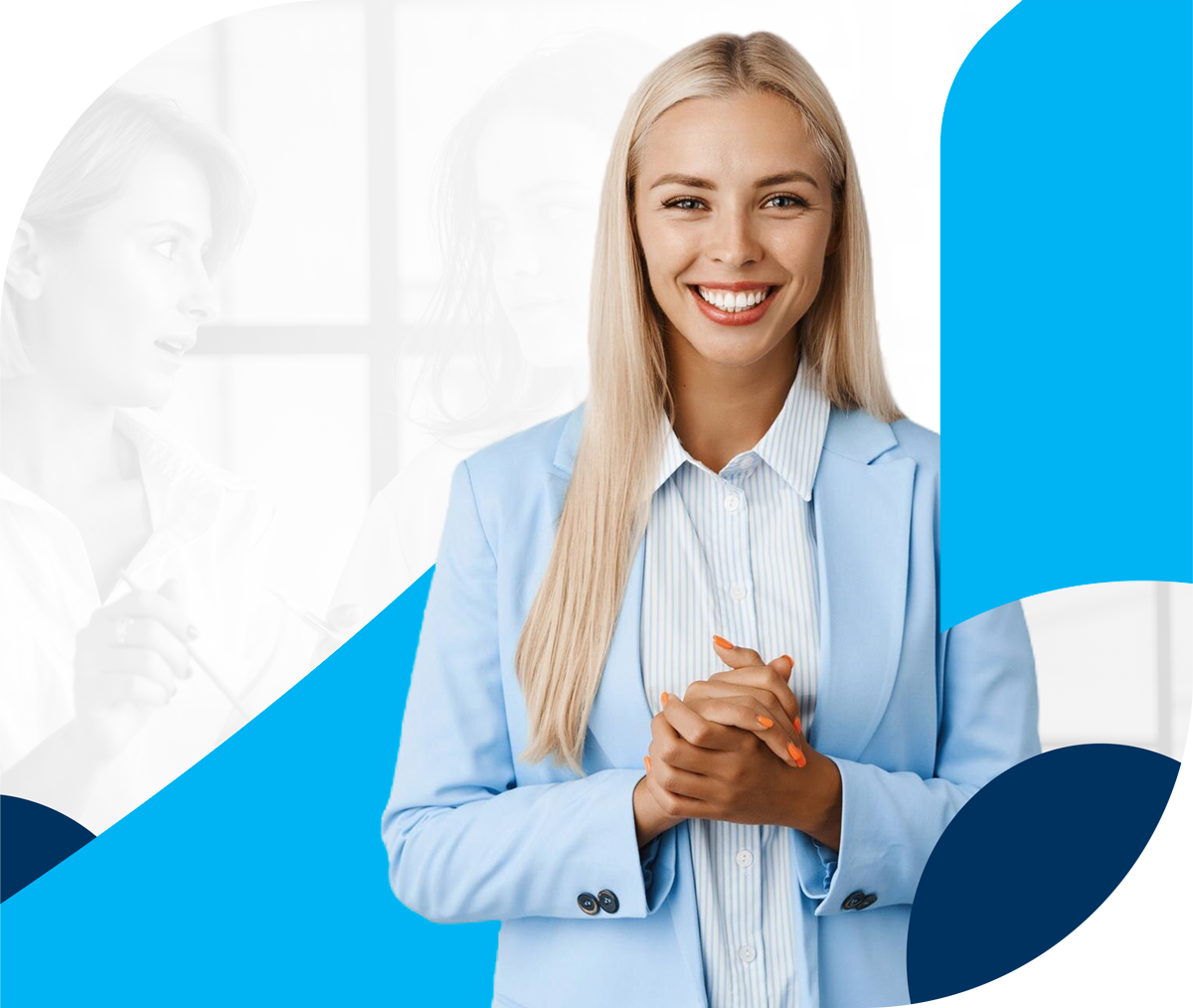A woman in a blue suit is smiling with her hands folded | Blue Jay ABA