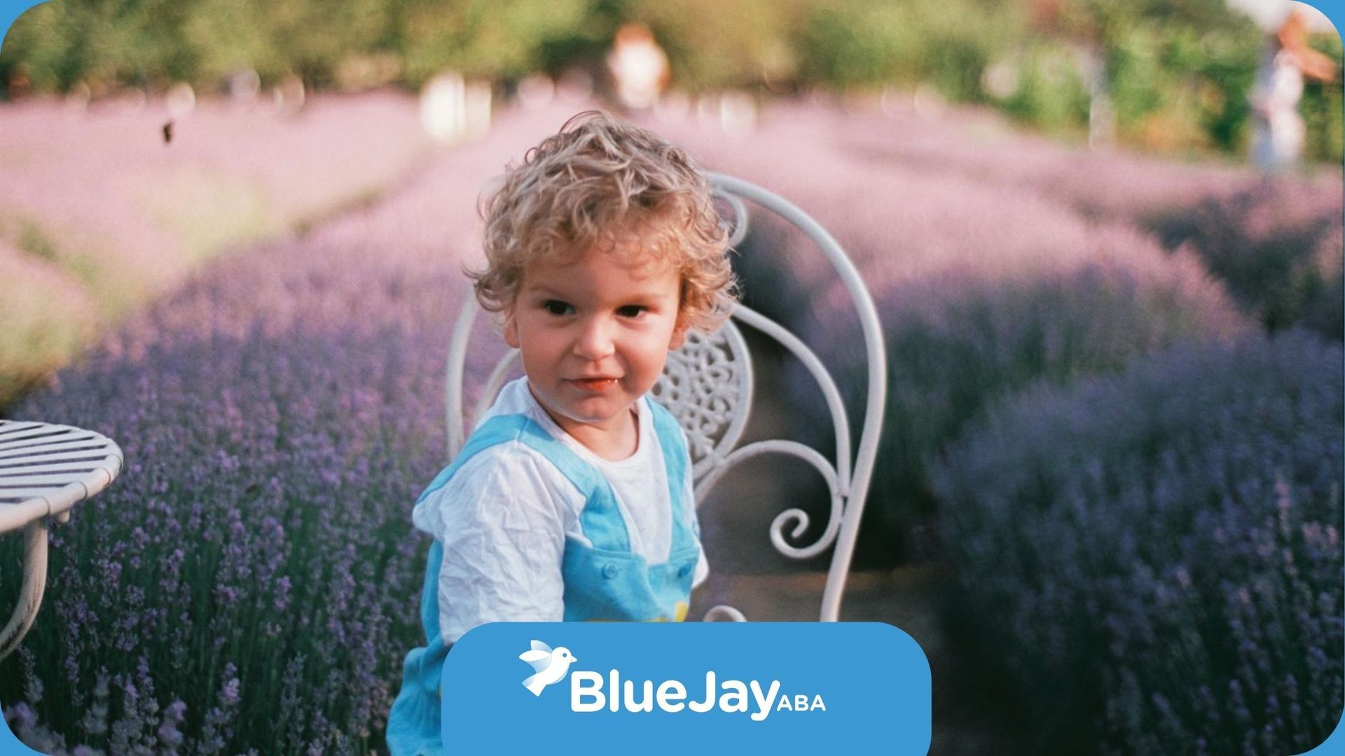 Young autistic boy sitting on a white chair in a lavender field during the day in North Carolina.
