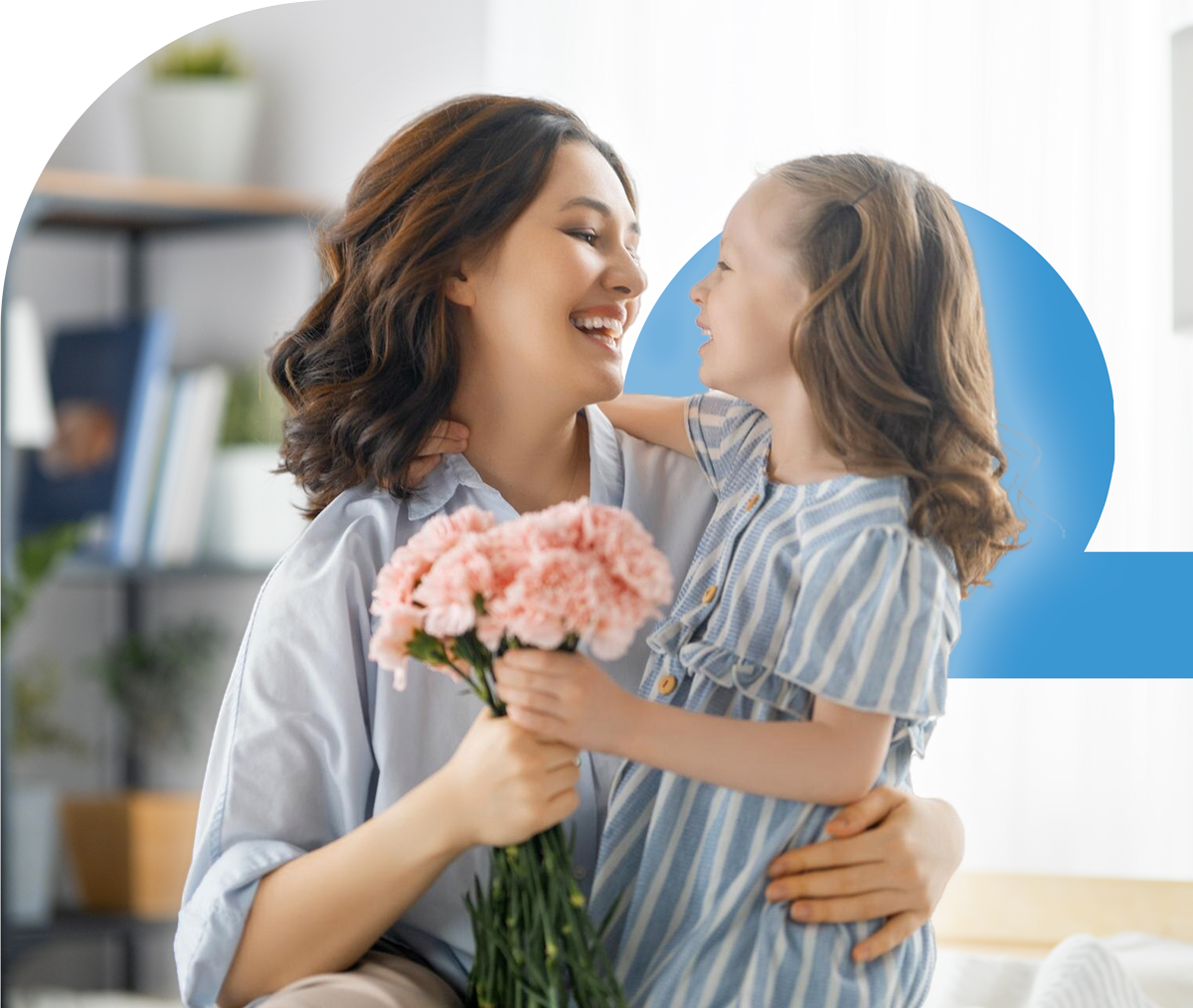 A woman and a little girl are holding a bouquet of flowers.