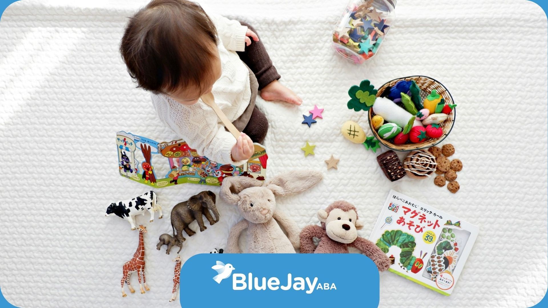 Autistic baby surrounded by toys, books, and stuffed animals on a blanket during ABA therapy in NC.