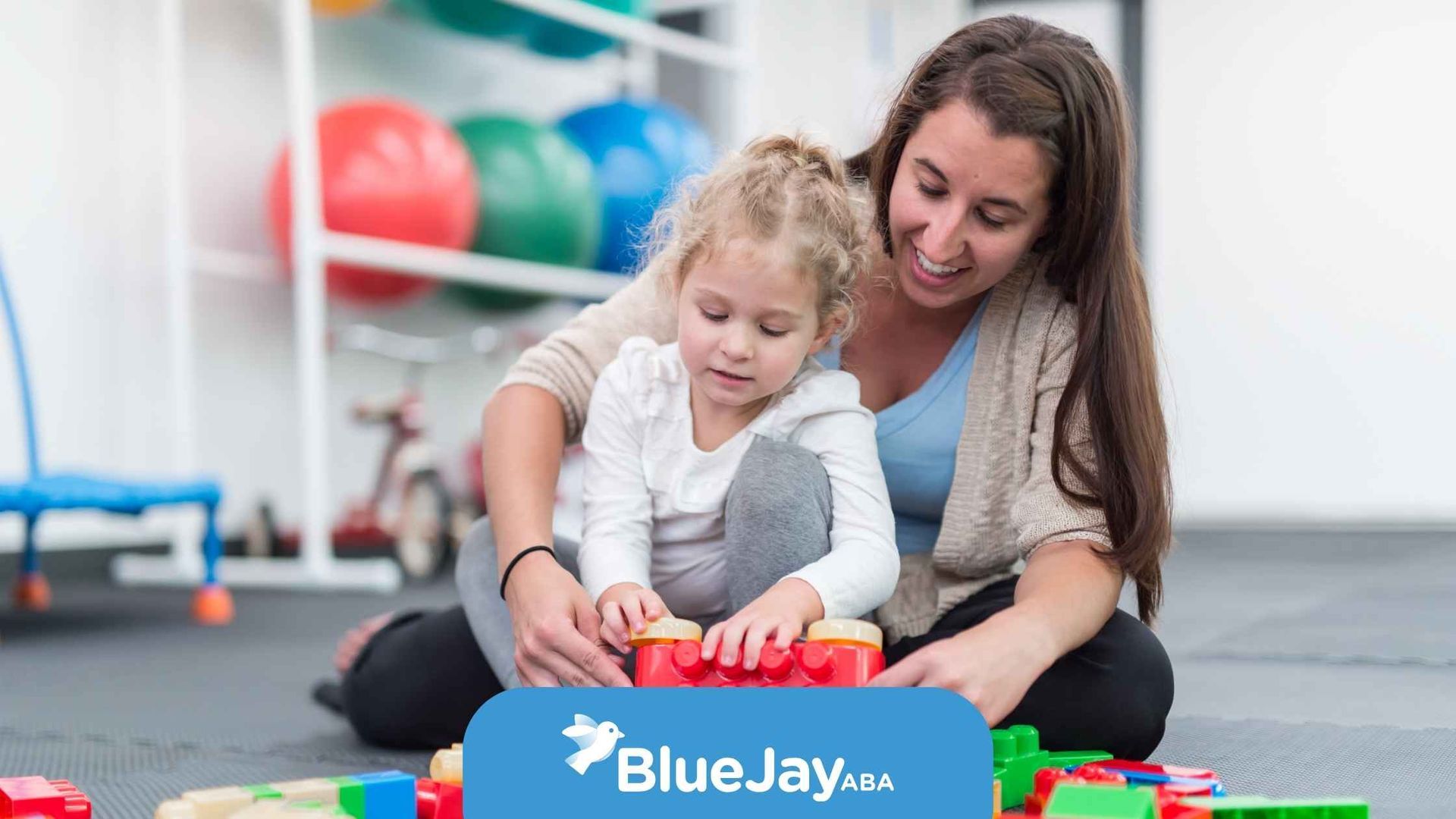 Woman and child playing with building blocks indoors; BlueJayUSA logo.